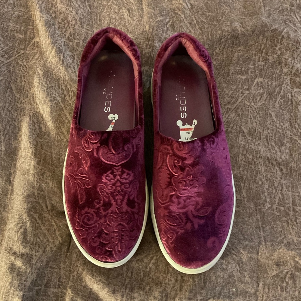J Slides Angelica Crushed Velvet Slip On Sneakers Burgundy White Platform